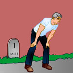 Man out of breath walk on flat road, road sign with 1 mile